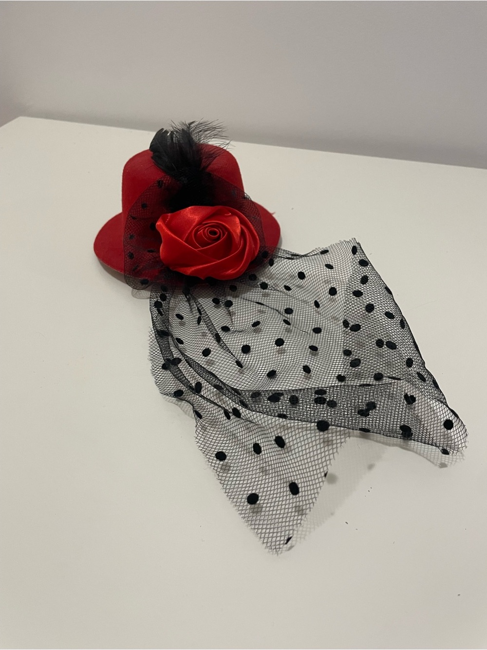 Gothic-Style Red Mini Top Hat Fascinator with Dot Veil